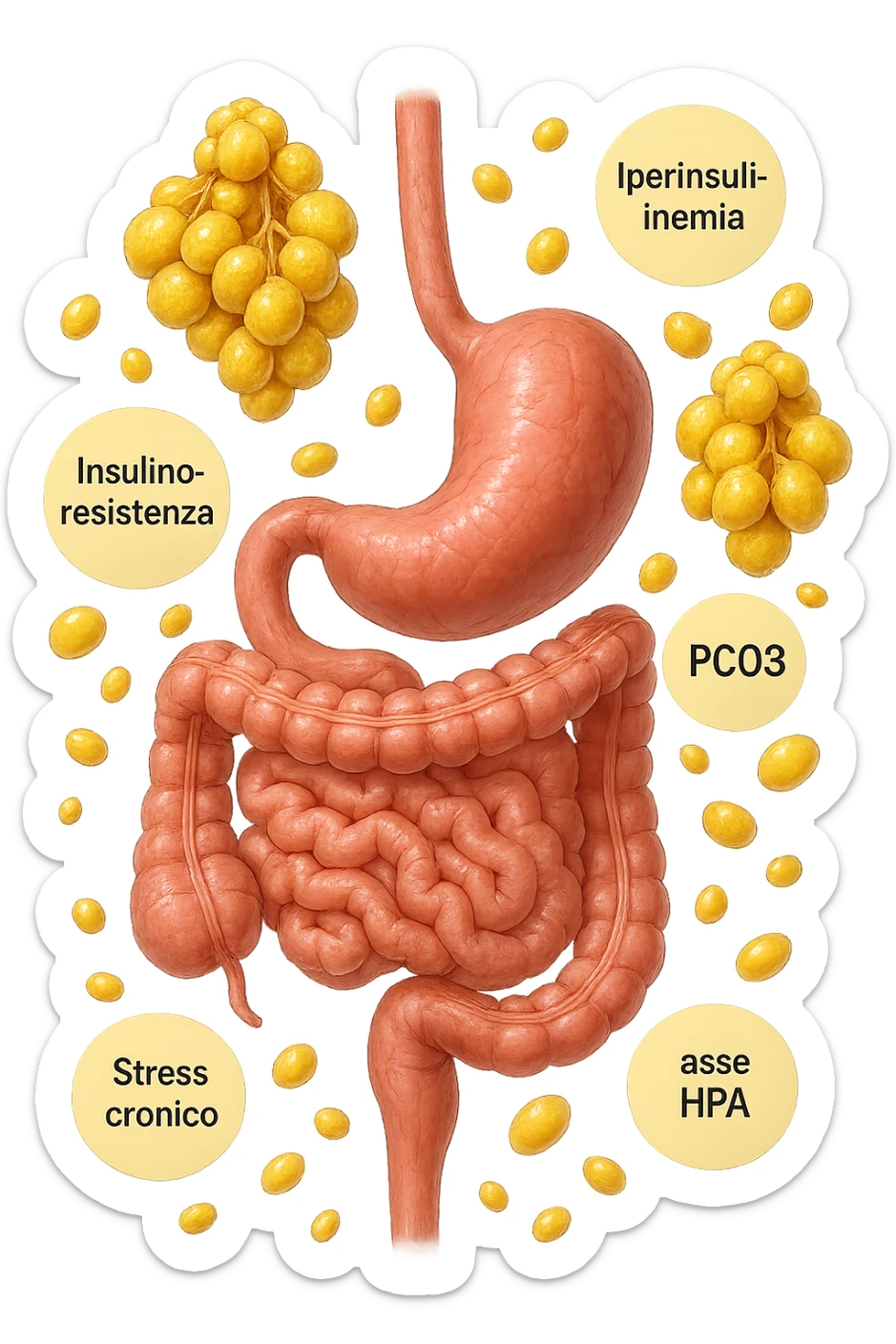 STOMACO E INTESTINO SONO VERTICALMENTE COLLEGATI E INTORNO A QUESTI ORGANI CI SONO CELLULE DI GRASSO GIALLE ATTACCATE SOPRA A GRAPPOLI, intorno fluttuano cellule di grasso giallo e alcune targhette con queste parole "Iperinsulinemia", "insulino-resistenza", "PCOS", "Stress cronico", "asse HPA", IPERREALISTICO 4K sticker