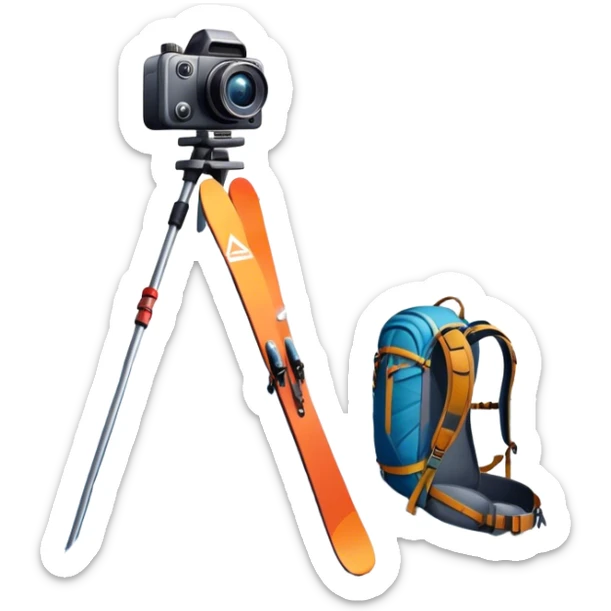Icon for Mountain Tourism: a snowy peak with skis, a snowboard, climbing equipment, a backpack and a camera. The icon should represent the adventure and excitement of mountain travel and outdoor exploration. Transparent background. sticker