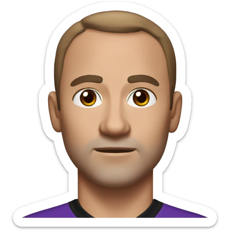 45-year-old man with a slightly round face, very short salt and peper hair with a small central crest and a slightly receding hairline. He has brown eyes, salt and peper stubble, and wears a black and purple soccer jersey. sticker
