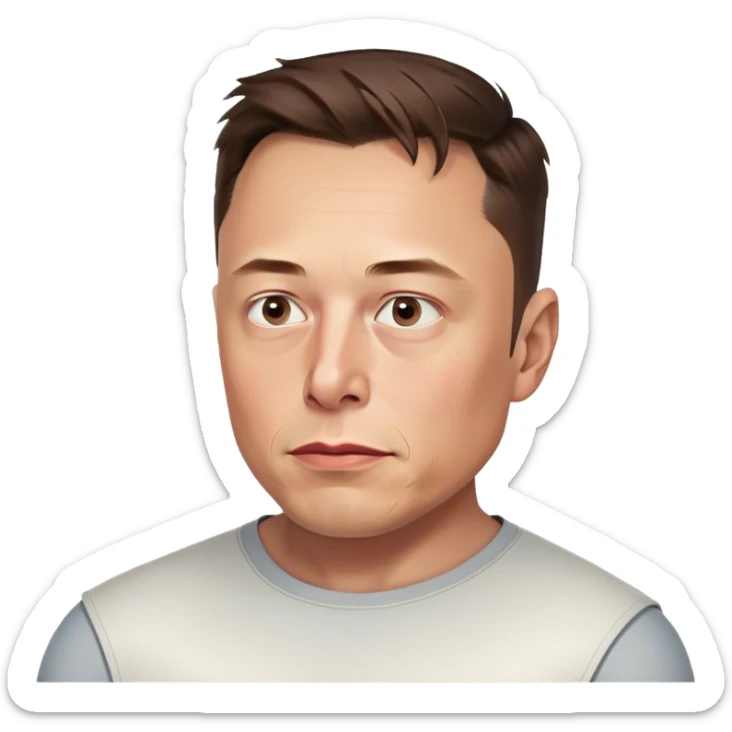 A photorealistic emoji of Elon Musk's head, no neck, slightly turned right, with a concerned expression. Highly detailed, realistic features, smooth shading, and Apple-style lighting. Transparent background sticker