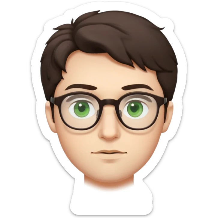 Young man with slightly curled dark brown poofy hair, green eyes wearing glasses, wide face with eyes set apart, bigger ears, pale skin, slightly bigger nose, fuller darker lips, and very light stubble sticker