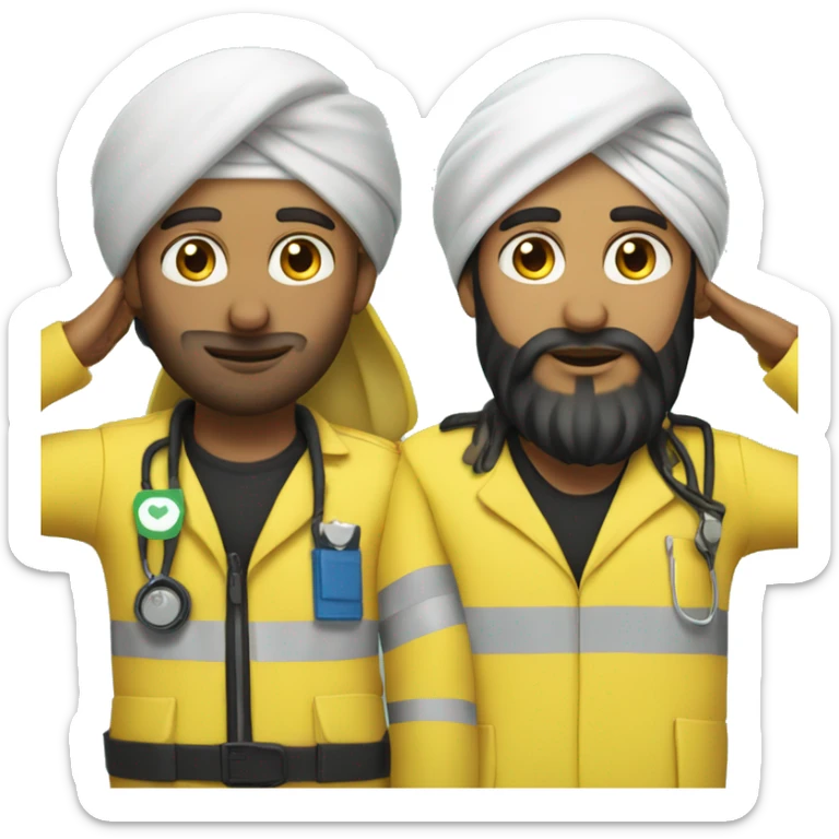 Skinny sikh man with beard wearing a black turban and a yellow paramedic jacket sticker