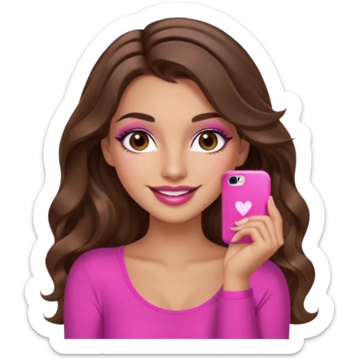 girl with long wavy brown hair, brown eyes, long lashes makeup, sexy pink lips, light to medium complexion, pink sexy top, smiling, hand by the cheek sticker