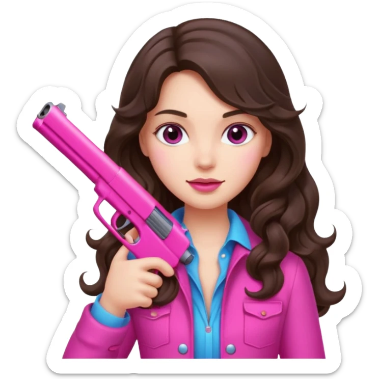 brunette girl with long wavy hair holding a hot pink gun sticker