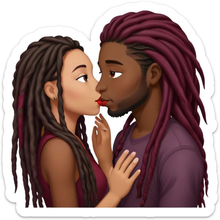 Dark Wine colored hair Latina long hair, kissing young black guy with dreads sticker