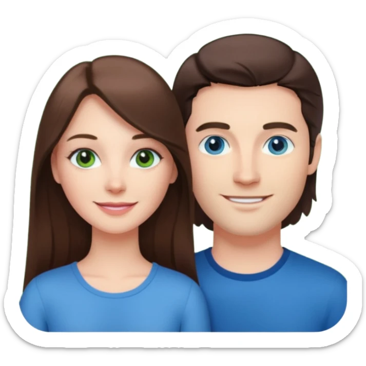 “A pink Polaroid-style photo of a couple: a white woman with long brunette hair and blue eyes, and a white man with short brunette hair and green eyes.” sticker