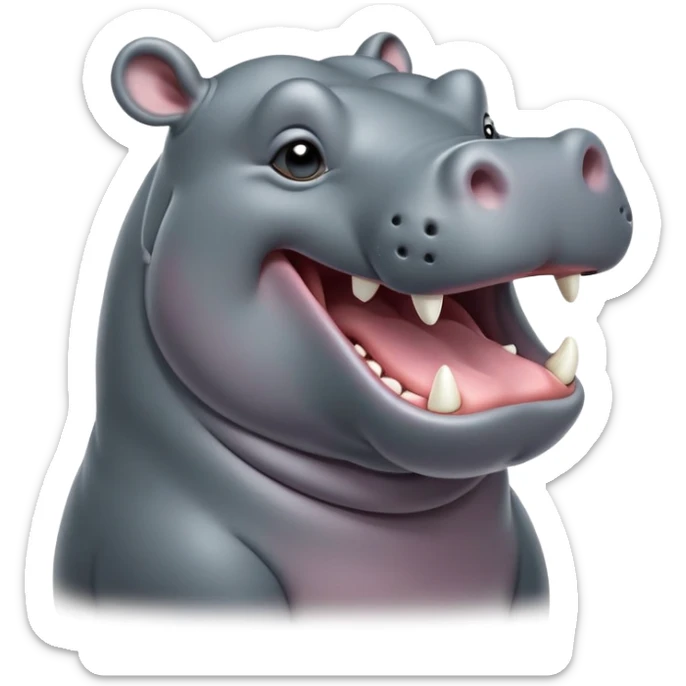 cinematic-noble-yawning hippo-portrait-emoji,-poised-and-regal,-with-a-massive,-robust-build-and-a-smooth,-sleek-slate-gray-hide,-deep-set-soulful-eyes,-simplified-yet-sharp-and-sophisticated-features,-highly-detailed,-glowing-with-a-soft radiance, mouth open wide exposing teeth sticker