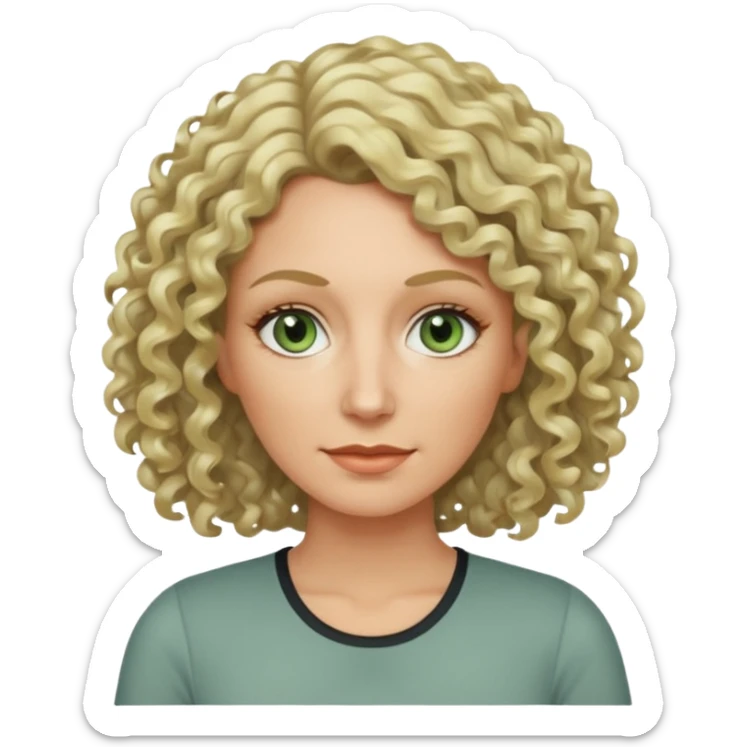 a woman in her late 40s and has greyish greenish eyes and blonde curly hair wearing a grafic top# sticker