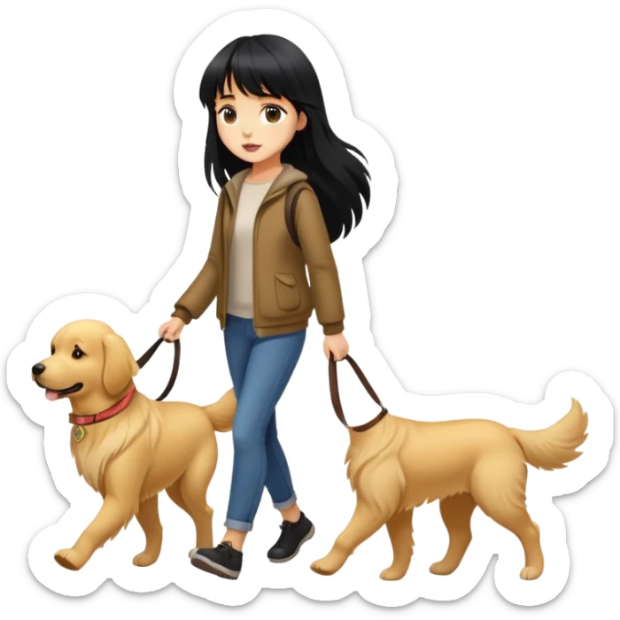 A girl with long black hair and bangs walking with a golden retriever sticker