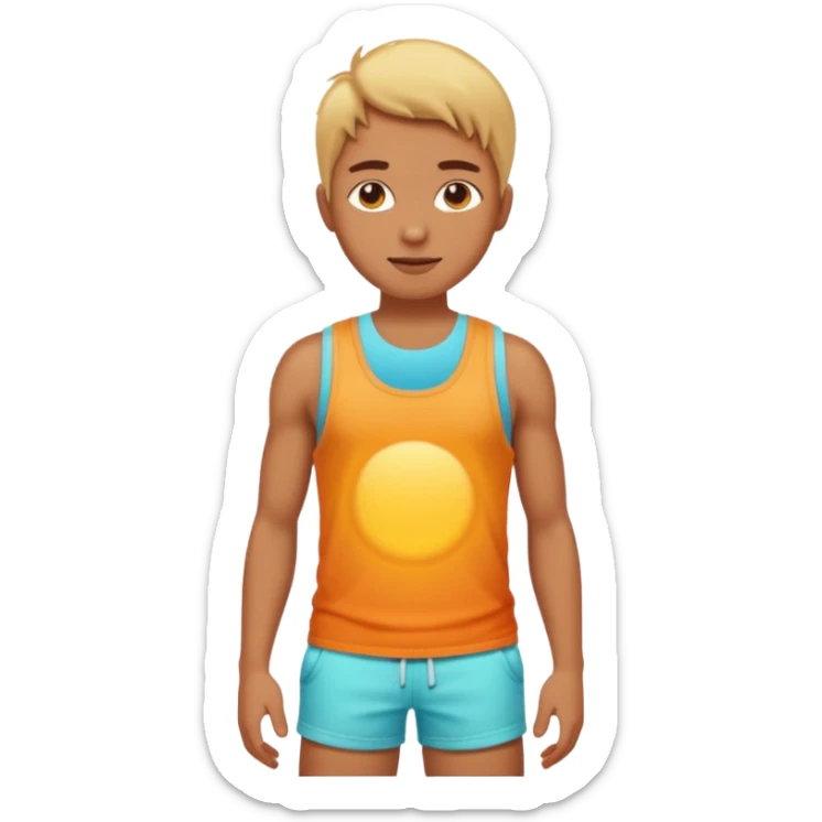 Emoji-style person in beach shorts with sunburned shoulders and chest, tank top outline for a sunburn, cute rounded features, soft shading, vibrant colors sticker