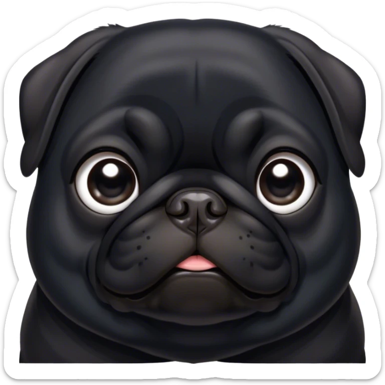 Cinematic Noble Black Pug Portrait Emoji, Poised and regal, with a compact, sturdy build and a sleek, shiny pure black coat, deep-set soulful dark eyes, Simplified yet sharp and sophisticated features, highly detailed, glowing with a soft, dignified glow, high shine, intelligent and spirited, stylized with an air of confidence, focused and attentive, soft glowing outline, capturing the essence of a watchful and commanding companion, so majestic it feels as though it could prance out of the screen with effortless authority! sticker