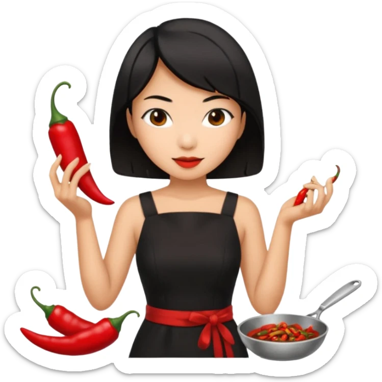 asian black short shoulder length hair tanned woman, black dress cooking, holding chili pepper sticker