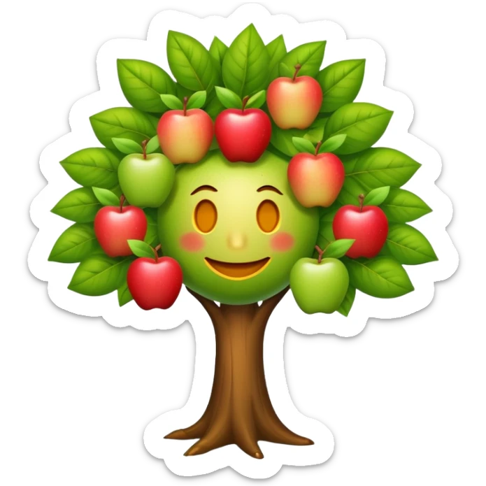 diseña a un árbol con cara sonriente y que las hojas tenga tres manzanas en cada lado o en cada parte de las hojas. sticker