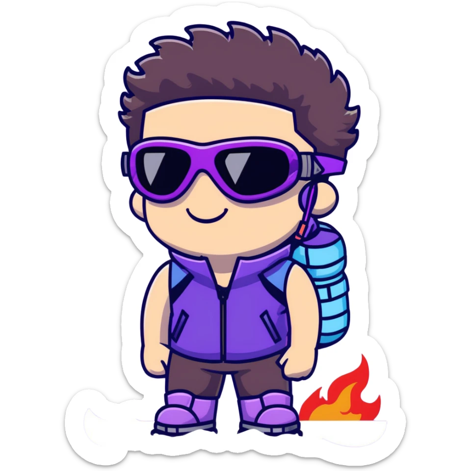 close-up of male athlete with white skin and moderately curly dark brown hair on top with shaved sides, wearing ski goggles with purple frames and very dark black lenses, a simple plain black chain necklace, and a completely unzipped sleeveless vest with purple and black sequin fire pattern design with no logo, with an arrogant smug smirk on his face, looking confident and cocky sticker