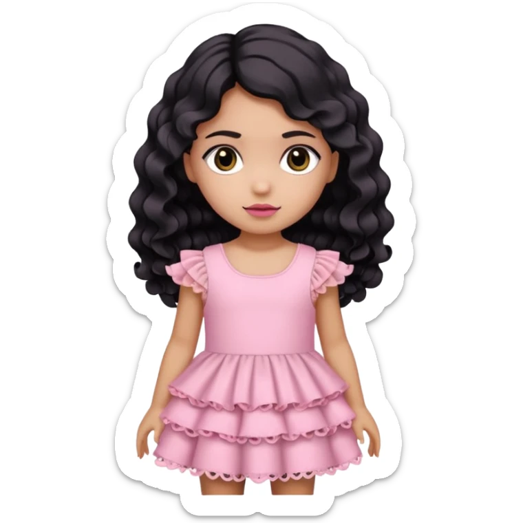 Una niña con un vestido rosa pastel con volados y encajes con cabello negro medio ondulado y dos moños como accesorio de cabello. ojos negros  sticker