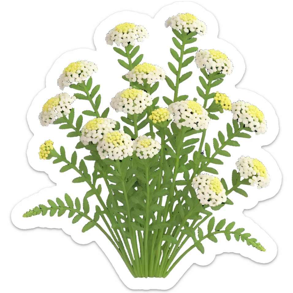 3D iOS style illustration of Achillea millefolium (common yarrow) with flower clusters made up of many small, distinct, visible flowers, delicate details, realistic and vibrant, green stem and feathery leaves, on a transparent background. sticker