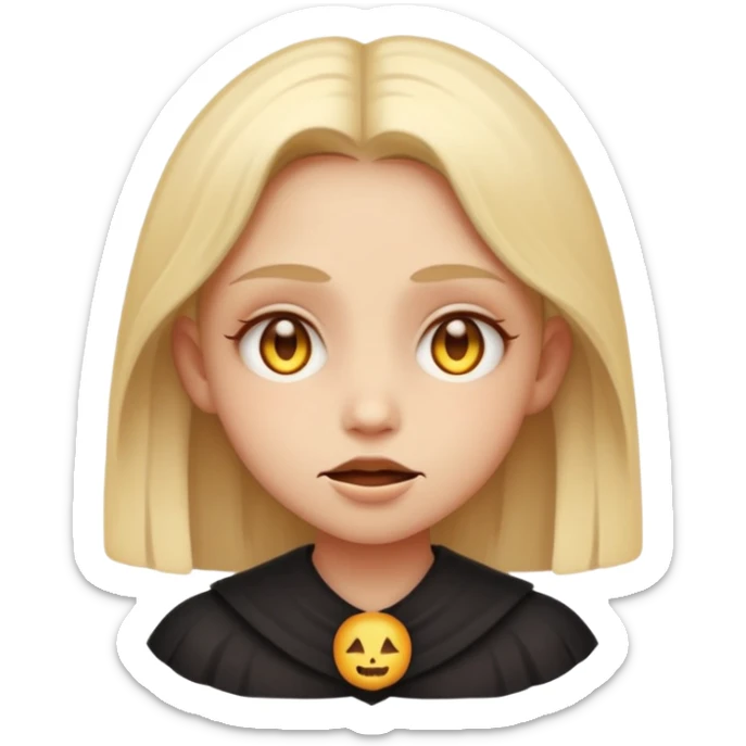 Stylized cult cartoon girl emoji, eerie-cute aesthetic, symmetrical design, subtle spooky vibe, glowing eyes, chanting “AMILK”, bold graphic icon sticker