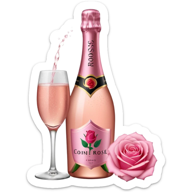 bottle of sparkling rose champagne tilted up and to the right, with a rose logo sticker