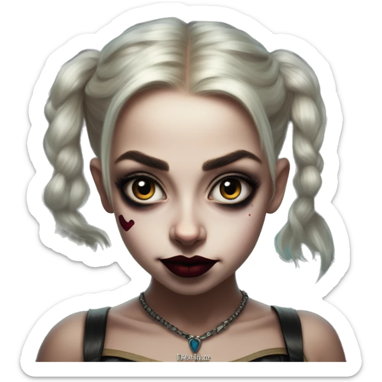 Halfling Jasmine in Harley Quinn style, oil paint, mysterious eyes, intricate lips, masterpiece portrait, odd perspective, beautiful, desirable, logical sticker