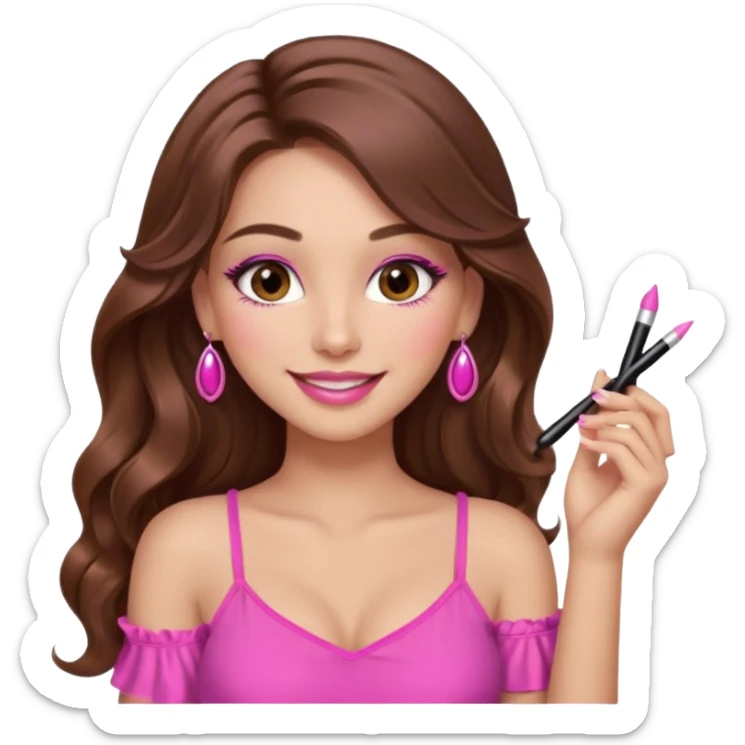 girl with long wavy brown hair, brown eyes, long lashes makeup, sexy pink lips, light to medium complexion, pink sexy top, smiling, hand by the cheek sticker