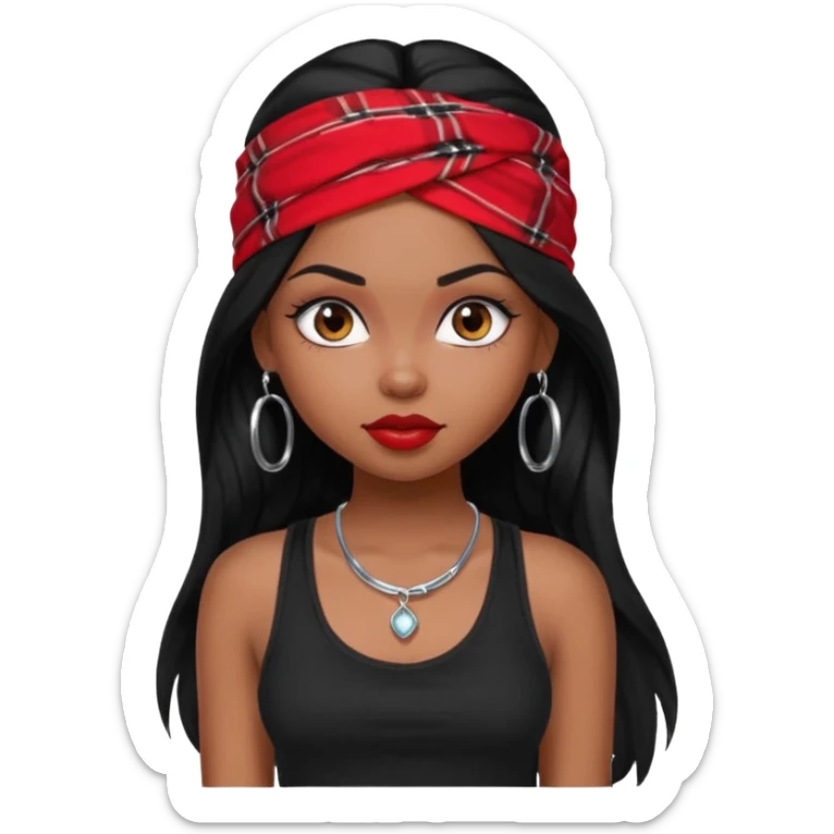 a pretty bratz dusky girl with long black hair, kajal under eyes, small silver hoop. black tank top on. Red bandana on sticker