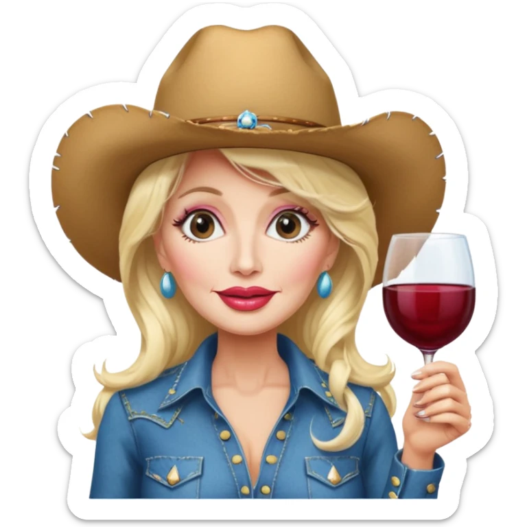 Dolly Parton with a huge glass of wine on a bachelorette trip and a cowboy hat and huge lips sticker