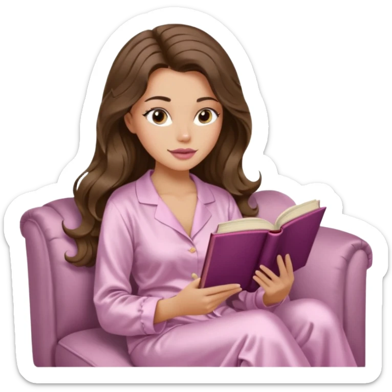 Woman with light tanned skin reading a book on Beige sofa. Long wavy brunette hair. Ivory silk pyjamas. Realistic. Foxeye with long lashes. Pinky mauve lips. sticker