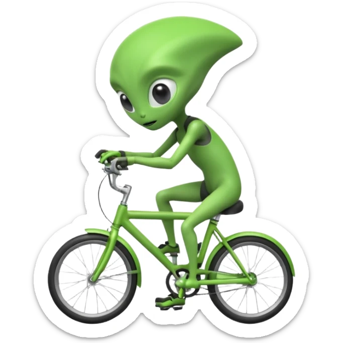 alien riding a bicycle, cute extraterrestrial character, casual cycling pose, big curious eyes, futuristic yet playful vibe, 3D cartoon, mobile game icon style, clean background, no text, no watermark
 sticker