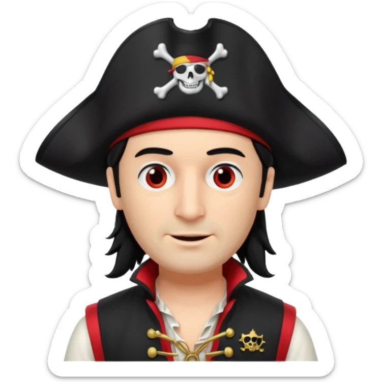 Captain Feathersword of The Wiggles with light skin, brown eyes, black hair, black pirate hat, white pirate shirt with red vest, one eye patch sticker