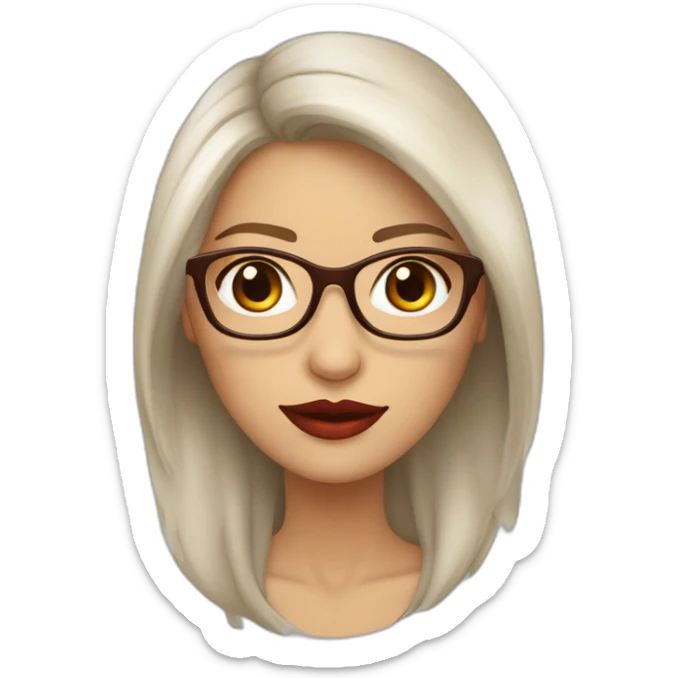 Mujer de piel blanca con labios rojos , cabello largo color castaño con rulos solo en las puntas, anteojos de vista y ojos color marron con lentes sticker