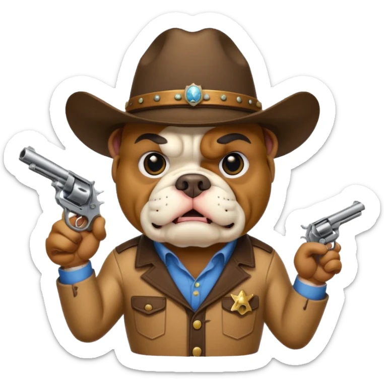 A bulldog wearing a cowboy hat pointing a revolver at you and telling you to hand over your money. sticker