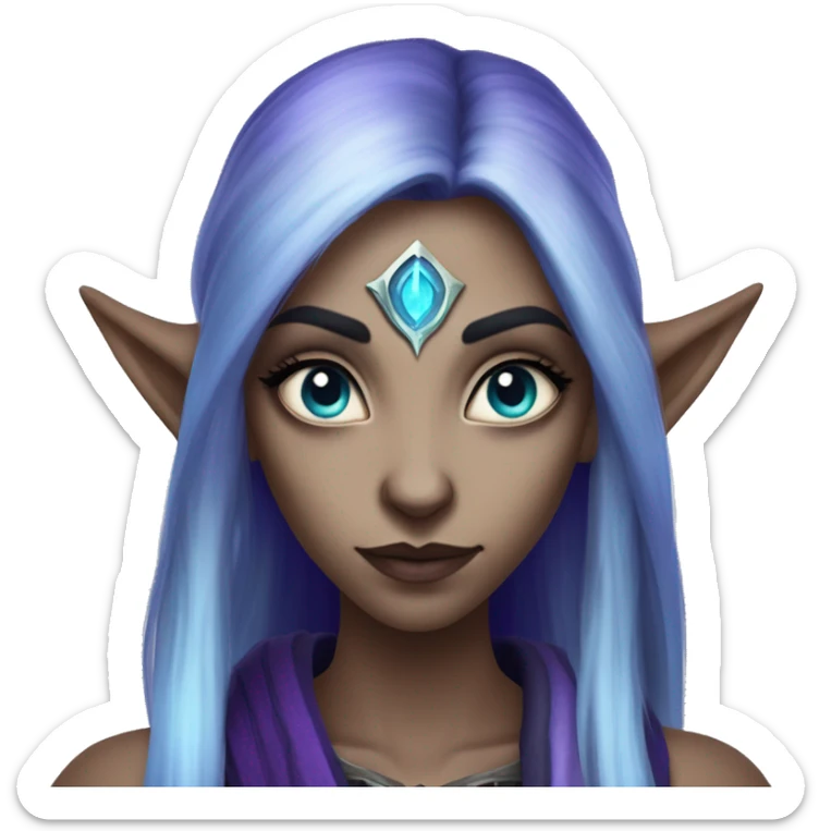 night elf female whom world of warcraft with white sclera eyes without pupil, purple skin, blue long hair, long eyebrows and ears sticker