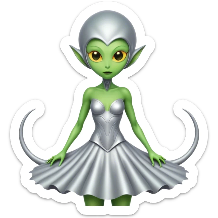 Green Alien woman with Cycloid scales, in silver dress, full figure, yellow eyes sticker