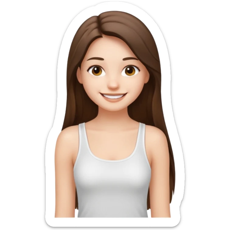 a pretty bratz fair girl with straight brunette long hair, wearing a white thin strap trap tank top, smiling sticker
