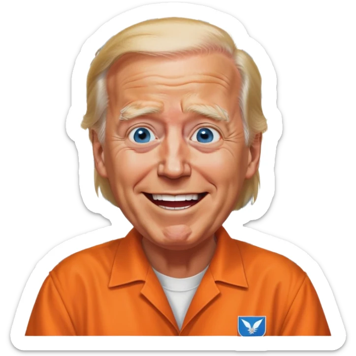 Trump blue eyes orange  jumpsuit in prison with bars with Joe Biden outside laughing at him sticker