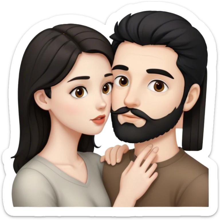 beautiful pale brunette girl with brown eyes kisses pale man black hair small beard grey eyes sticker