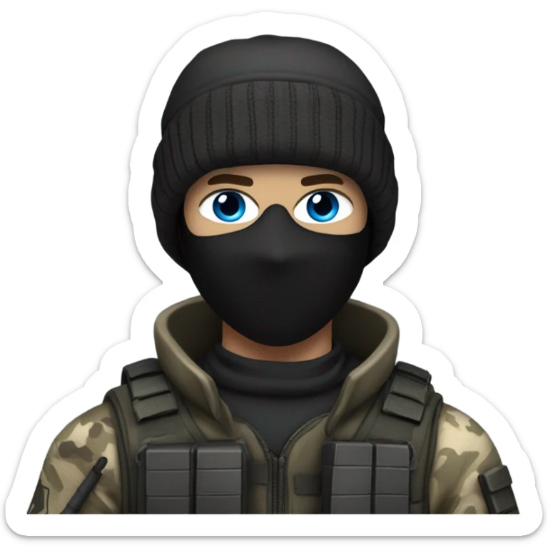 White male, call of duty black mask, camo tactical gear, combat boots, black beanie, blue eyes sticker