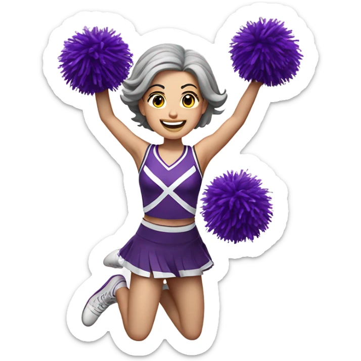 Caucasian gray hair cheerleader with dark brown hair, jumping and holding up two purple Pom poms, small full body emoji sticker