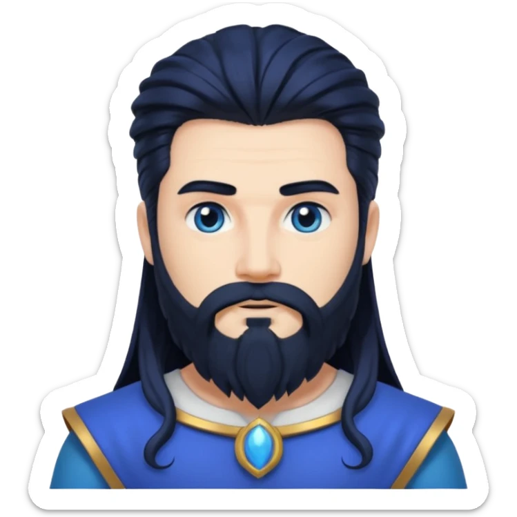 Neptune, Sea God from Rome Mythology with long jet black hair and beard, cobalt blue outfit sticker