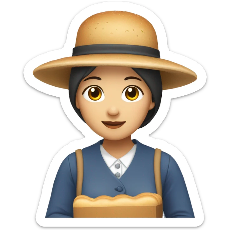 asian amish woman wearing a hat holding a loaf of bread sticker