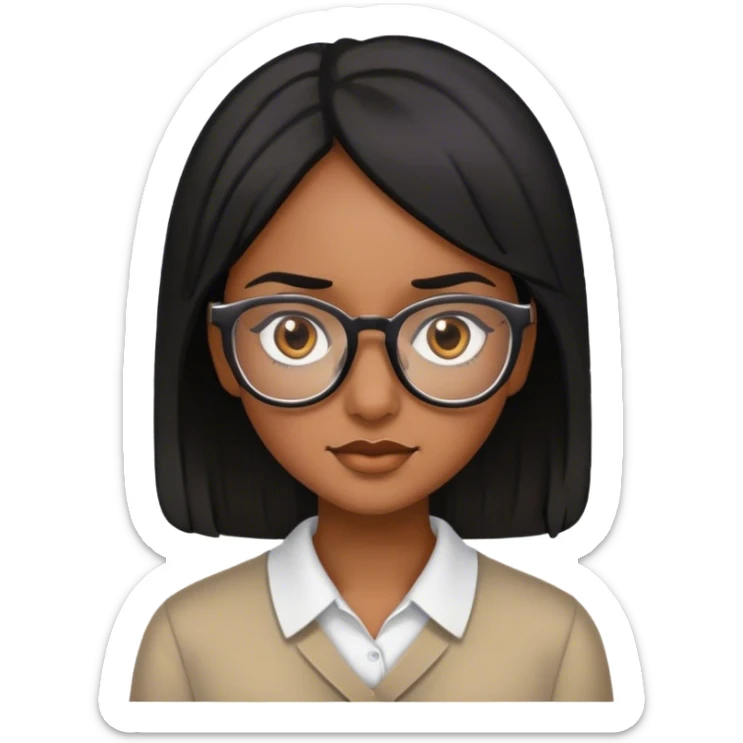 A brown skin girl with black hair and brown eyes, wearing glasses  sticker