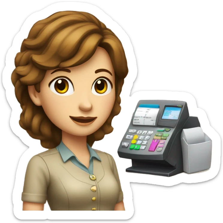cashier (white female, brown hair, white gold earrings) in front of cash registry, apple-style sticker