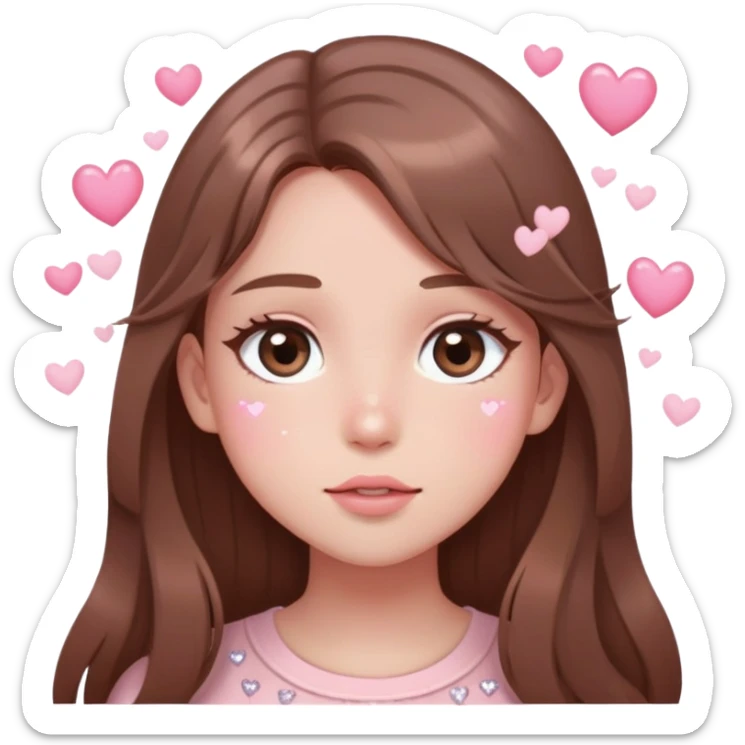 Girl with long brown hair blushing with sparkly eyes and little hearts floating around cartoon style delicate pale pink fangirl 🤩 sticker