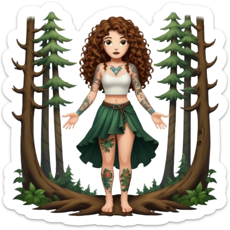 full body view of a woman with long curly brown hair, brown eyes, white skin, tattoos, shrugging with dramatic forest magic burst sticker