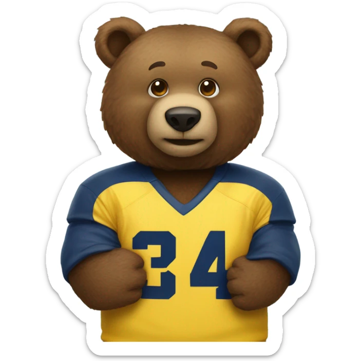 A brown bear wearing a yellow and blue University of Michigan jersey  sticker