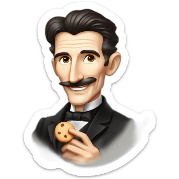 elongated illustration of nikola tesla, side portrait, smiling, pixar style, holding a round cookie i right hand sticker