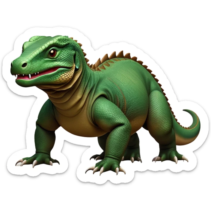 cinematic-komodo-dragon-realistic-full-body-on all fours-emoji,-massive-scaled-body-poised-with-quiet-power,-rough-textured-skin-dark-green-and-brown,-head-tilted-dramatically,-long-forked-tongue-flicking-out,-simplified-yet-realistic-focused-features,-highly-detailed,-glowing-with-an-almost-sarcastic-glow sticker