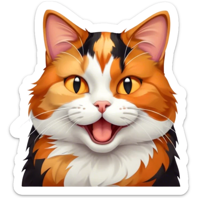 Cinematic Cute Yawning Calico Cat Portrait Emoji, Head tilted mid-yawn with a charming, relaxed expression, showcasing a soft patchwork fur of vibrant orange, black, and white, simplified yet irresistibly adorable, highly detailed, glowing with a cozy, gentle radiance, high shine, exuding sleepy yet endearing charm, styled with a soft glowing outline, capturing the essence of a calico cat caught in a delightful yawn that seems ready to cuddle up for a nap! sticker