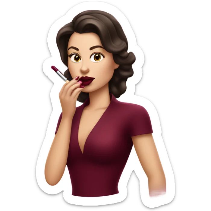 White brunette femme fatale dressed in burgundy putting lipgloss on her lips sticker