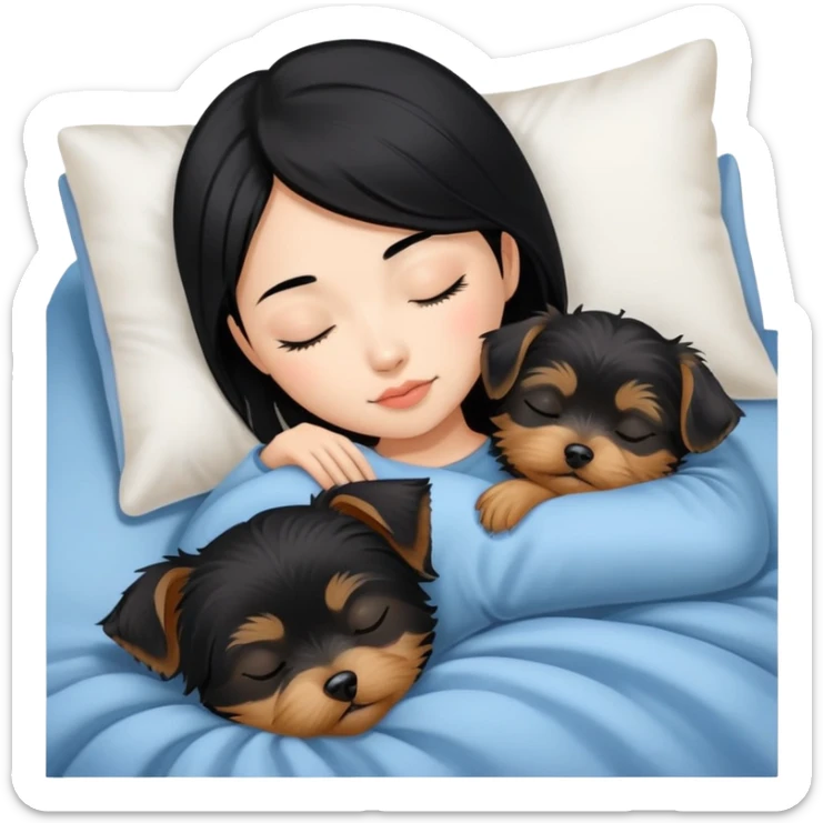 pretty asian girl with black hair sleeping in bed with small yorkshire terrier sticker